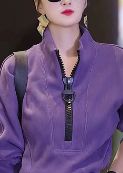 Purple Zip Up Patchwork Cotton Tops Fall
