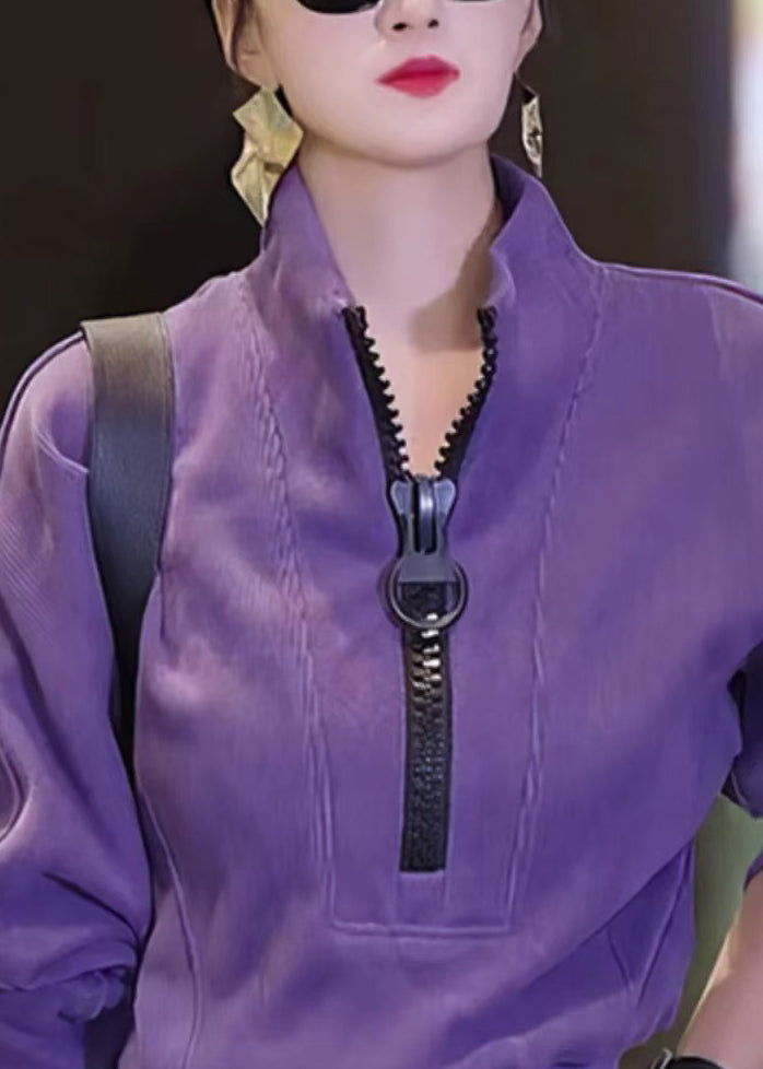 Purple Zip Up Patchwork Cotton Tops Fall
