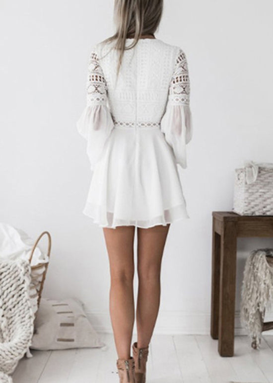 White Lace Hollow Out V-neck Lace Up Flared Sleeve Chiffon Dress