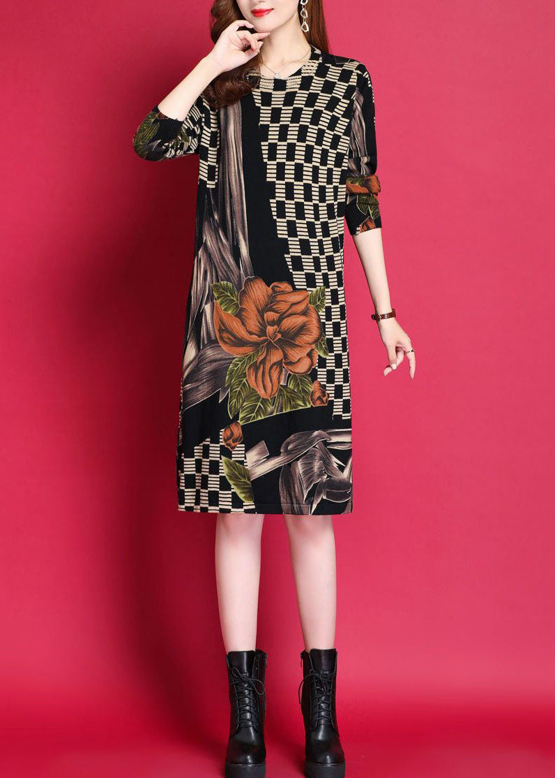 Black O-neck Print Woolen Knitwear Dress Fall