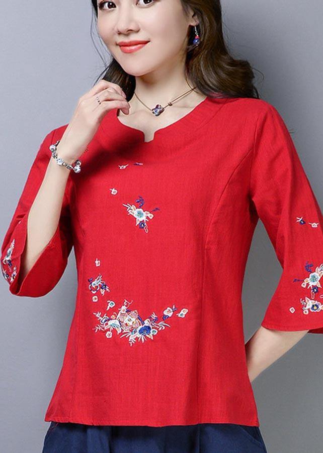 Natural Navy Embroidered Oriental Cotton Linen Shirts Summer