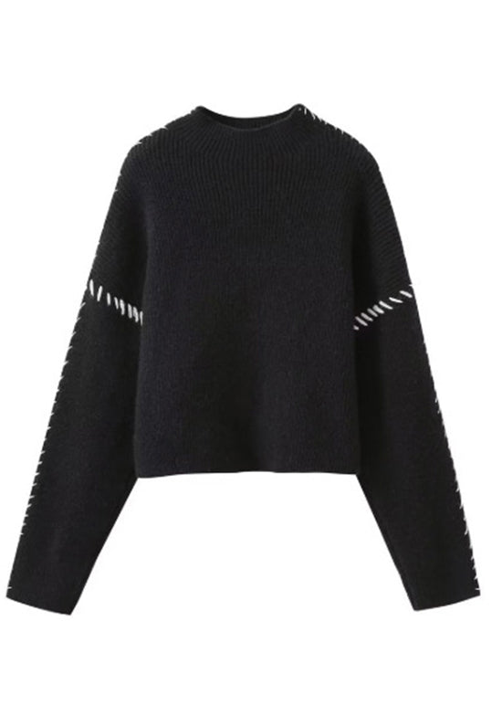 European and American Style Black O Neck Patchwork Knit Sweater Tops Spring