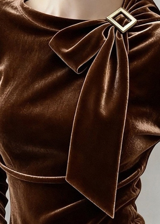 Fine Coffee Bow Silk Velour T Shirt Tops Winter