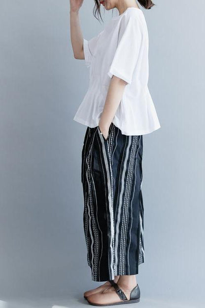 White and Black Cotton Shirt Loose Summer Tops
