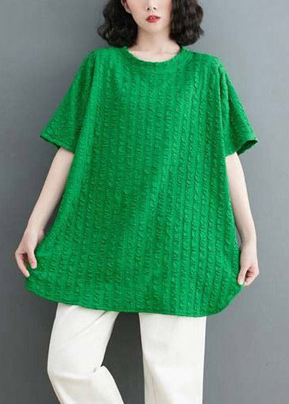 Green O-neck Wrinkled Cotton Top Short Sleeve