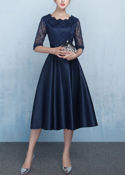 Navy Lace Patchwork Silk Dresses Summer