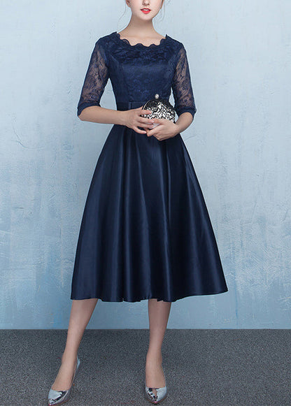 Navy Lace Patchwork Silk Dresses Summer