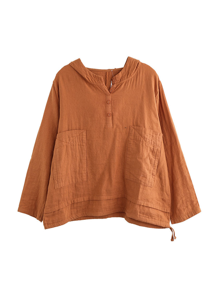 Orange Cotton Shirts Top Drawstring Hooded Long Sleeve