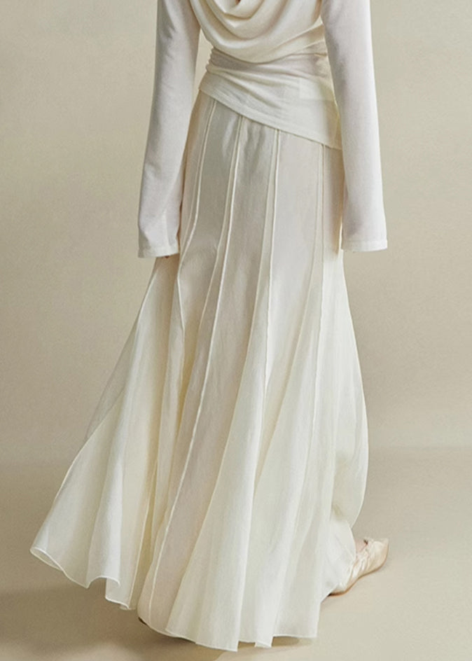 White Zippered High Waist Silk Cotton Skirts Summer