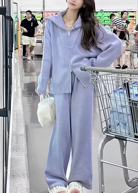 Purple Zip Up Sweaters and Pants Knit Two Pieces Set Winter