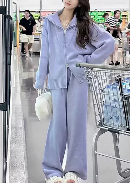 Purple Zip Up Sweaters and Pants Knit Two Pieces Set Winter