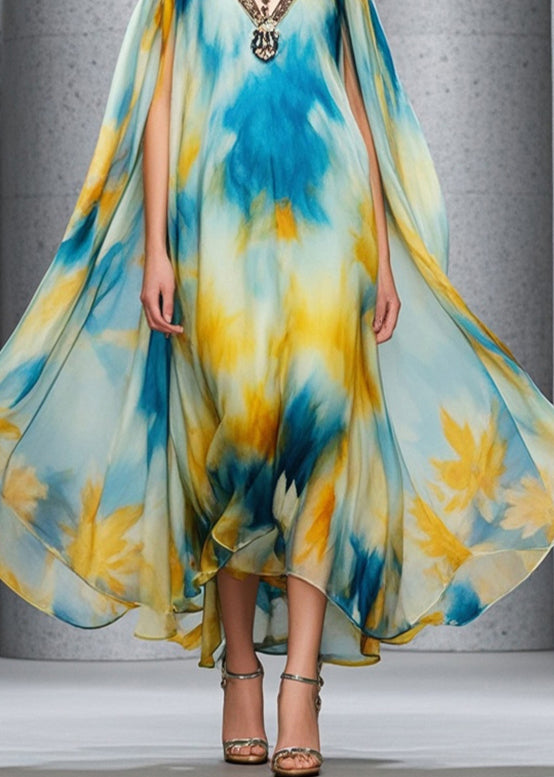 Cold Shoulder Tie Dye Chiffon Beach Dress Summer