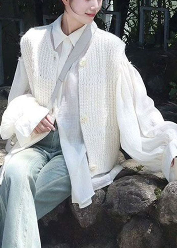 White Hollow Out Knit Cardigans and Shirts Two Pieces Set Long Sleeve