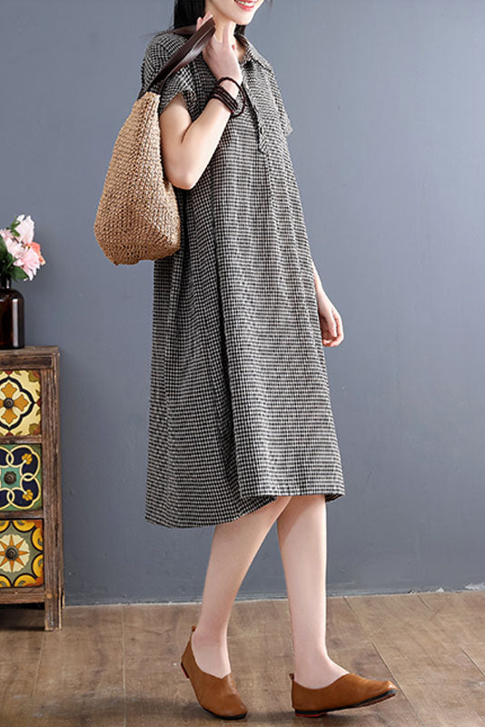 Summer Retro Loose Shirt Skirt Plaid Cotton Linen Dress