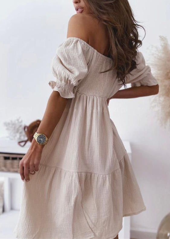 Beige Slash Neck Patchwork Cotton Mid Dress Summer
