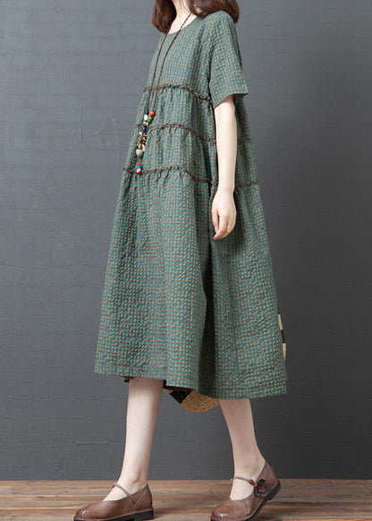 Green Plaid O-neck Wrinkled Patchwork Linen Party Dress Short Sleeve