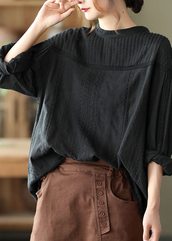 Black Hollow Out Wrinkled Cotton Shirt Top Spring