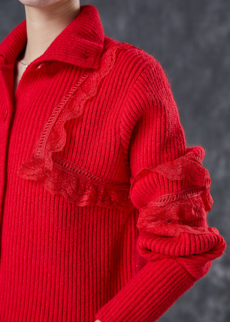Red Peter Pan Collar Lace Patchwork Knit Coats Winter
