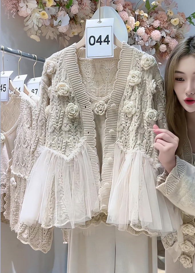 Beige Flower Tulle Patchwork Knit Cardigan Two Piece Set Spring