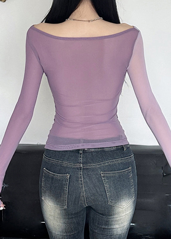 Purple Slash Neck Wrinkled Tulle Top Spring