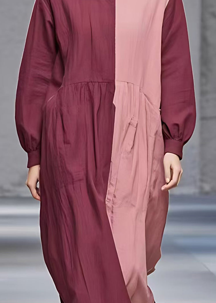 Red Patchwork Wrinkled Maxi Dress Long Sleeve