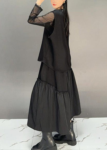 French Black Asymmetrical Ruffled Waistcoat and Skirts Two-piece Set Sleeveless
