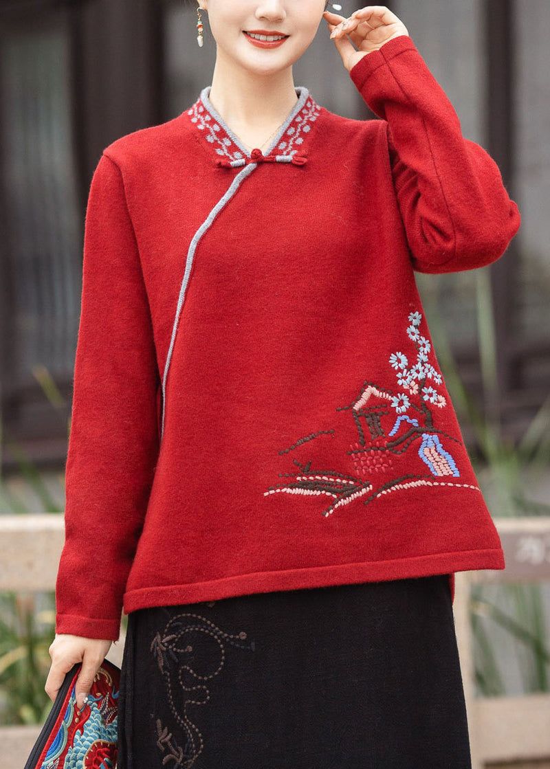 Red V Neck Oriental Button Embroidered Knit Tops Winter