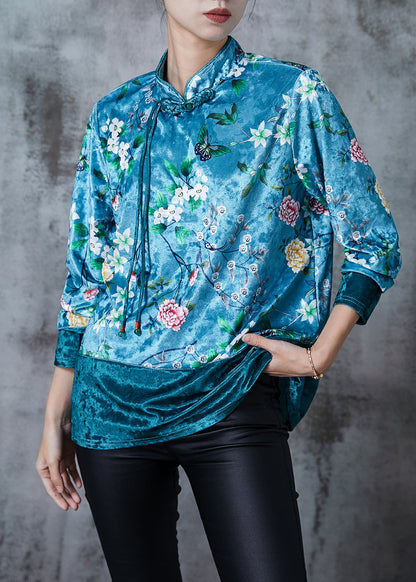 Royal Blue Patchwork Silk Velour Oriental Top Tasseled Print Fall