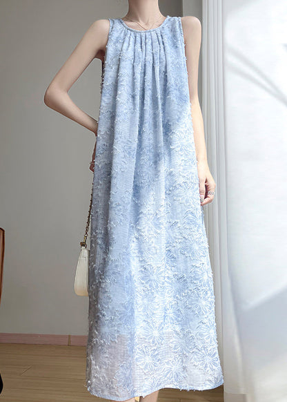 French Blue O Neck Original Design Cotton Long Dress Sleeveless