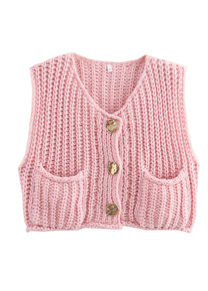Blue Pockets Button Knit Vest Sleeveless