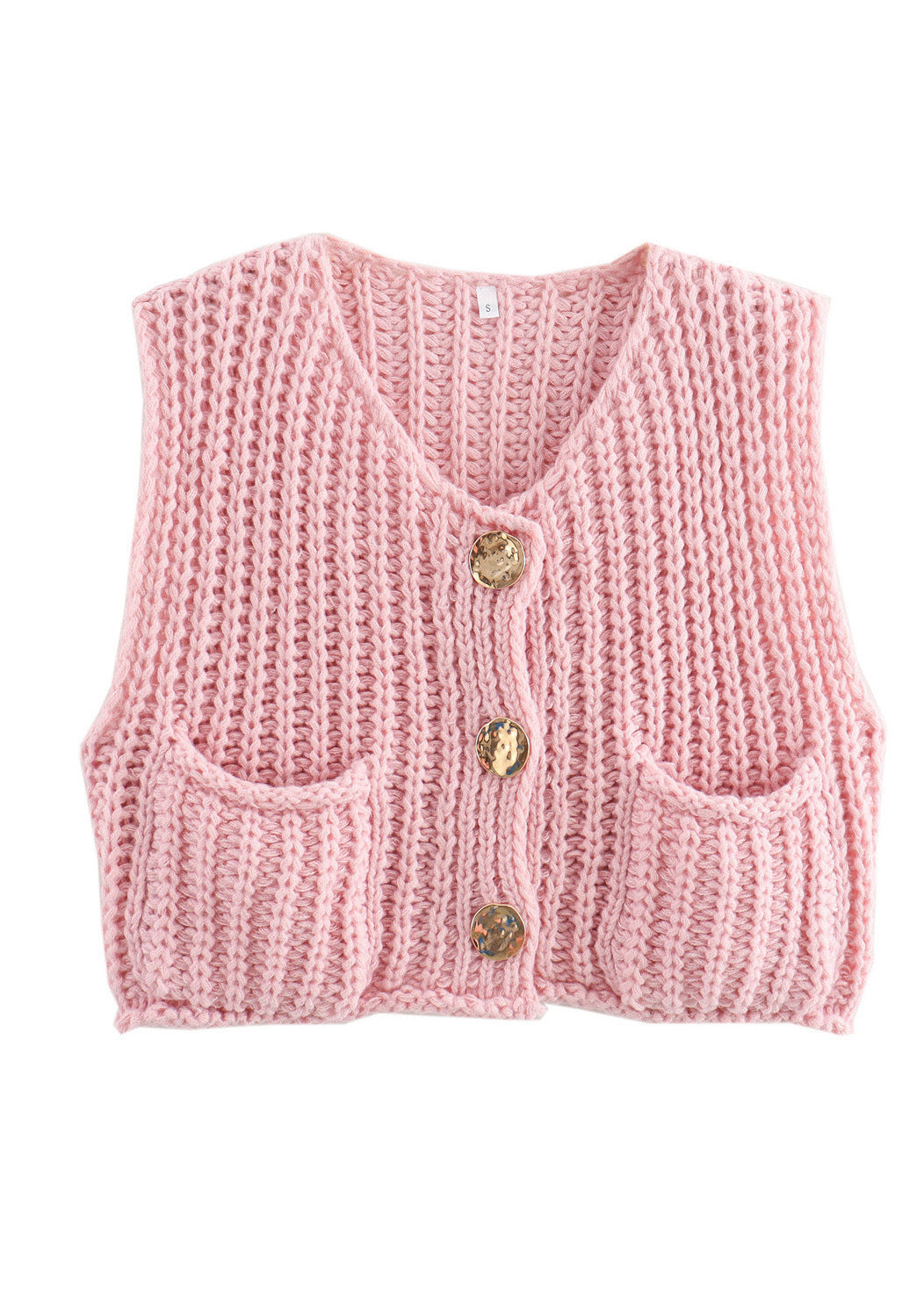 Blue Pockets Button Knit Vest Sleeveless