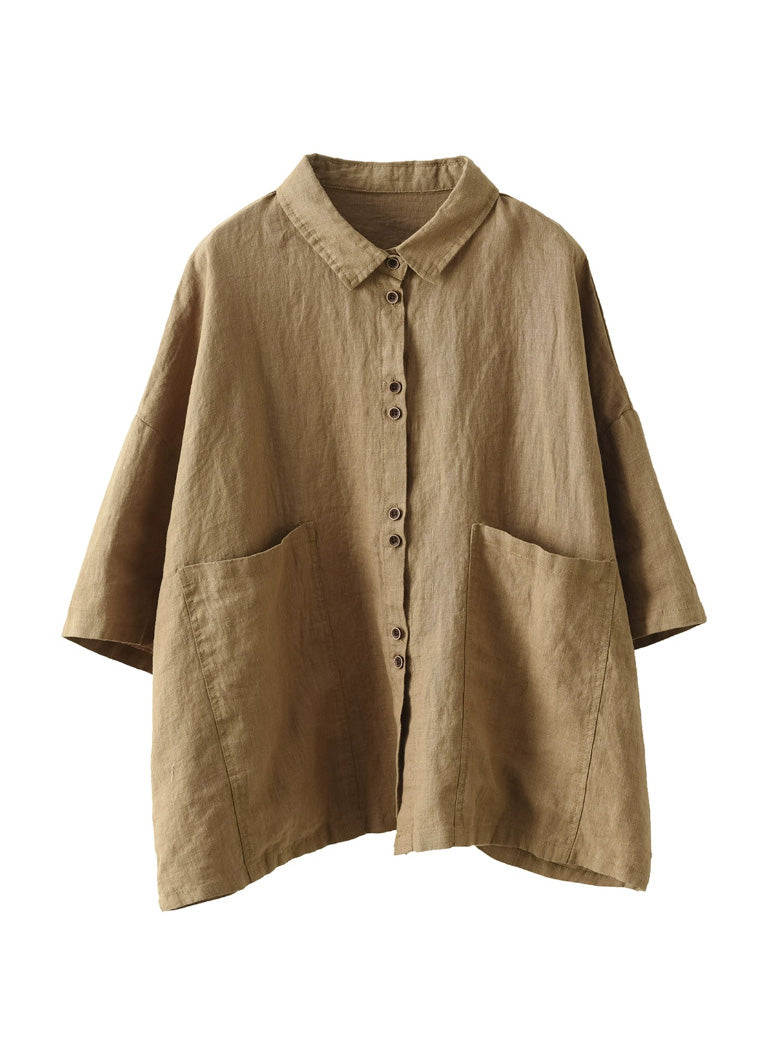 Simple Khaki Patchwork Button Linen Shirts Half Sleeve