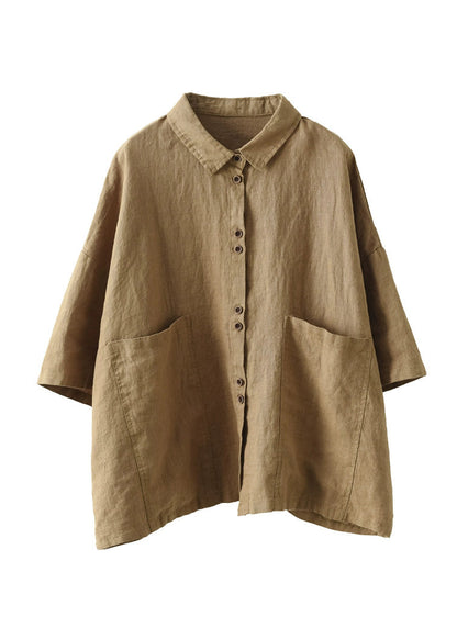 Simple Khaki Patchwork Button Linen Shirts Half Sleeve