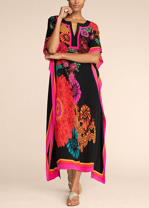 Blue O Neck Print Chiffon Long Dress Summer