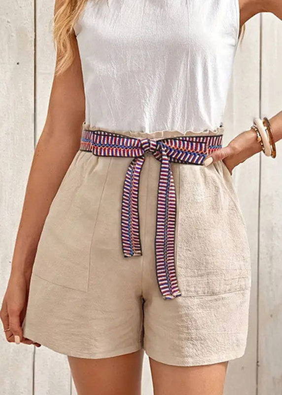 Apricot Lace Up Pockets Cotton Shorts Summer