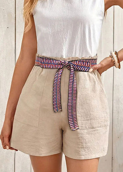 Apricot Lace Up Pockets Cotton Shorts Summer