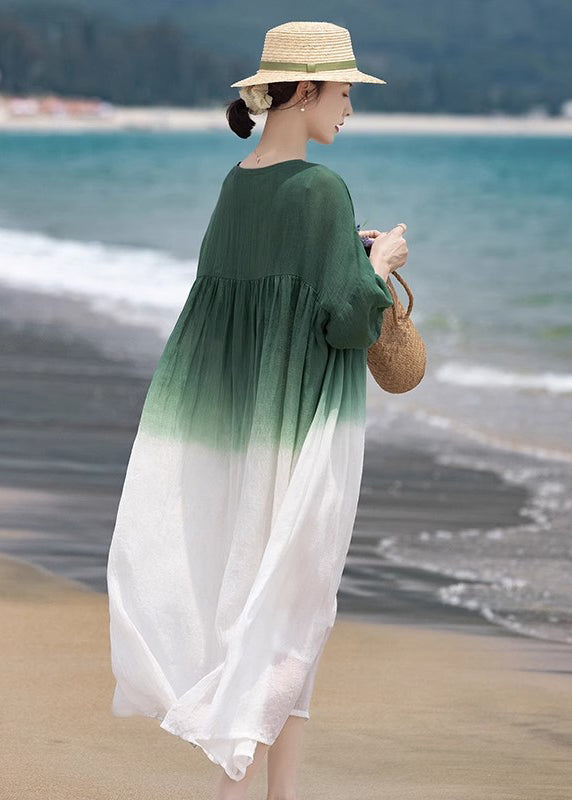 Loose Green O-neck Wrinkled Patchwork Cotton Dress Half Sleeve