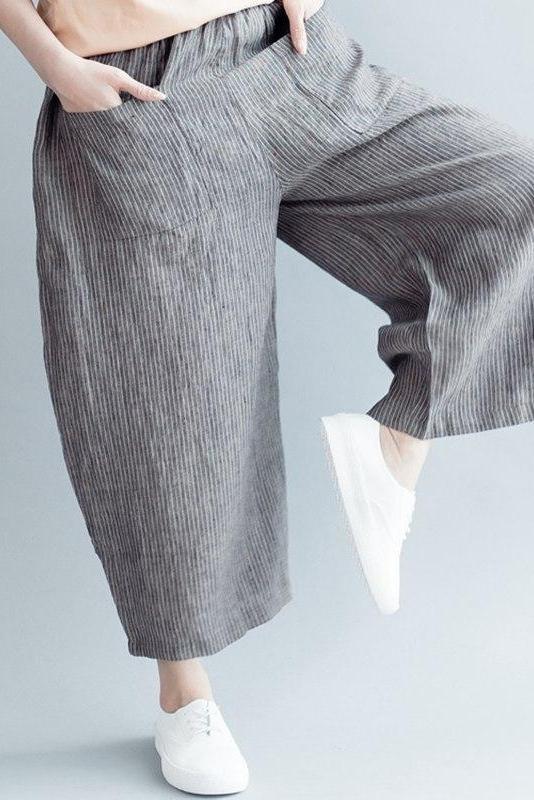 Striped Wide Led Cotton Linen Pants Trousers