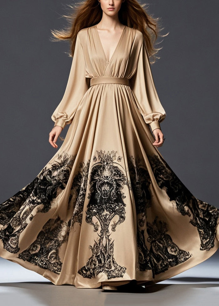 Brown Cinched Print Exra Large Hem Silk Long Dress Fall
