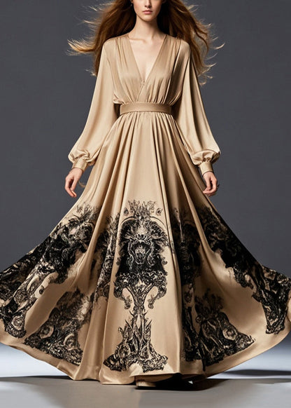 Brown Cinched Print Exra Large Hem Silk Long Dress Fall