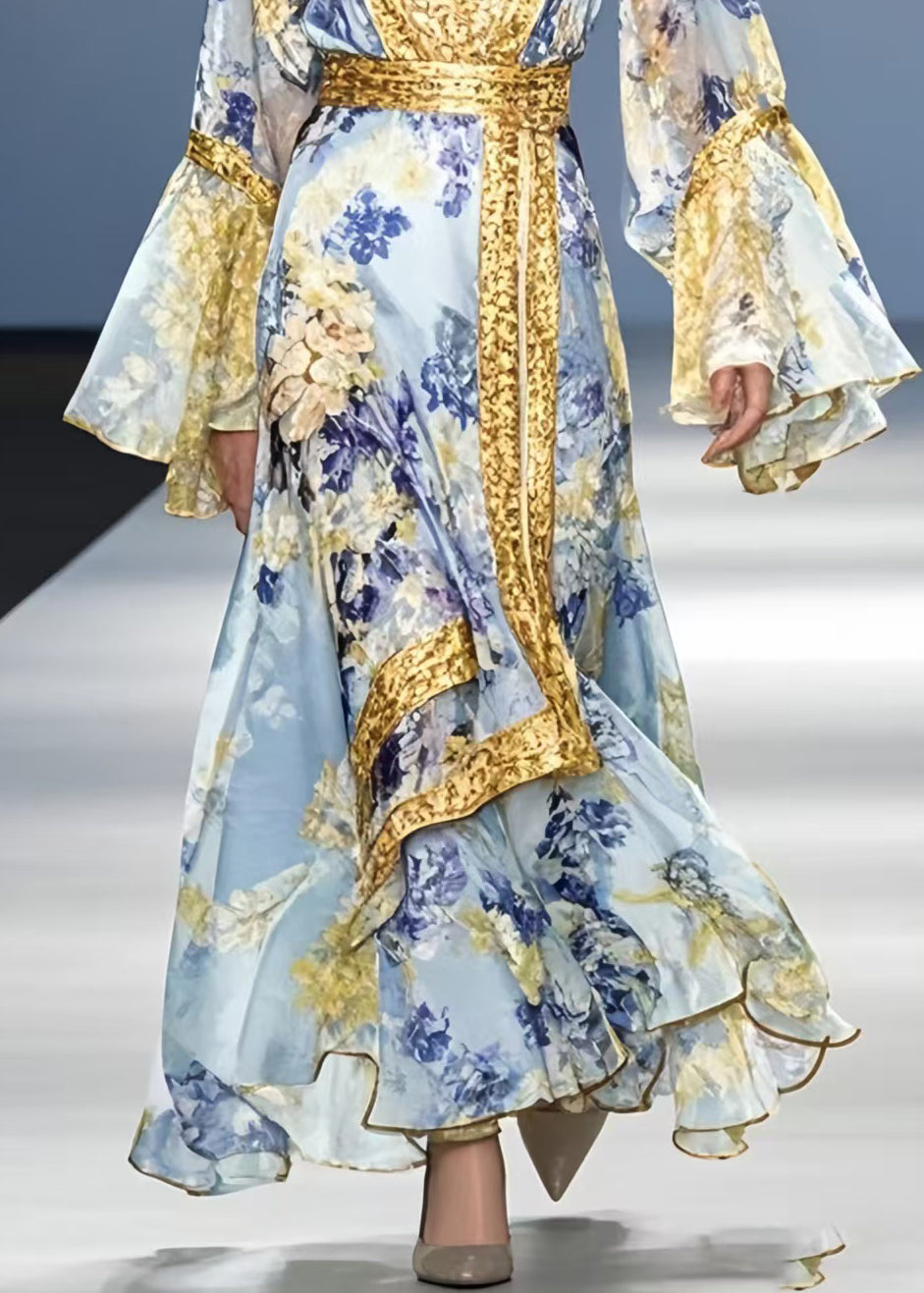 Blue Print Patchwork Chiffon Holiday Dress Flare Sleeve