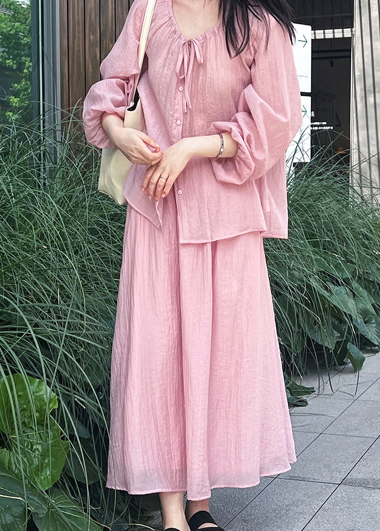 Pink Lace Up Shirt and Skirts Silk Fall Two Pieces Set Wrinkled