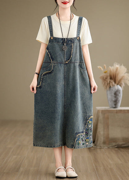 Denim Grey Embroidered Patchwork Spaghetti Strap Dress Sleeveless