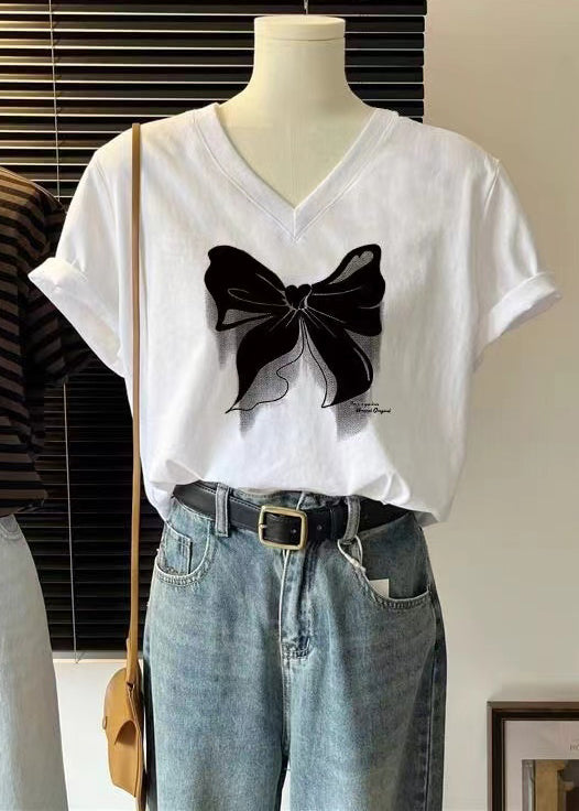 Loose Bow V Neck Print Cotton T Shirts Summer