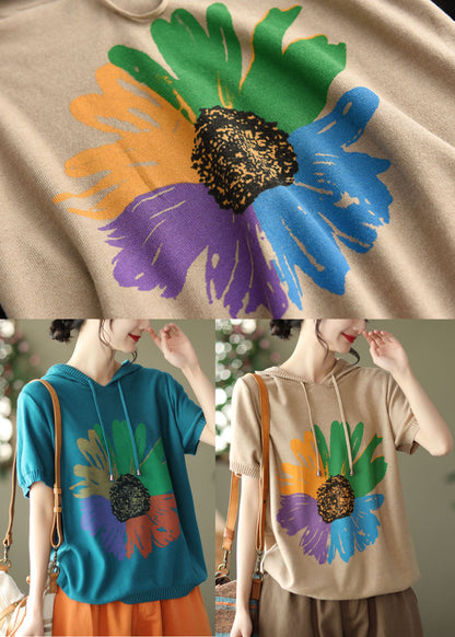 Khaki Print Knit Tank Tops Drawstring Short Sleeve