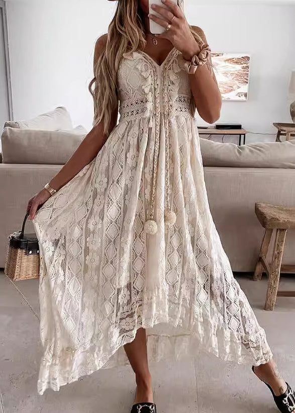 White V Neck Lace Spaghetti Strap Dress Summer
