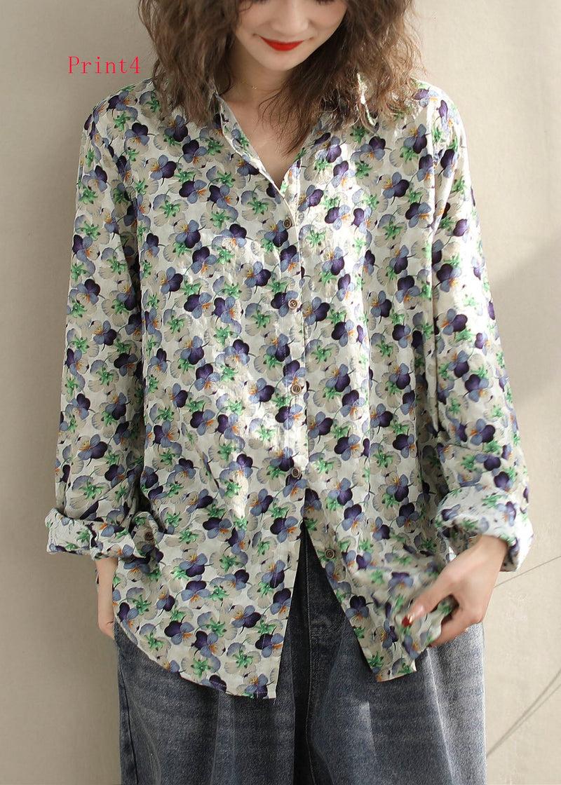 New Versatile Print Peter Pan Collar Cotton Shirt Long Sleeves