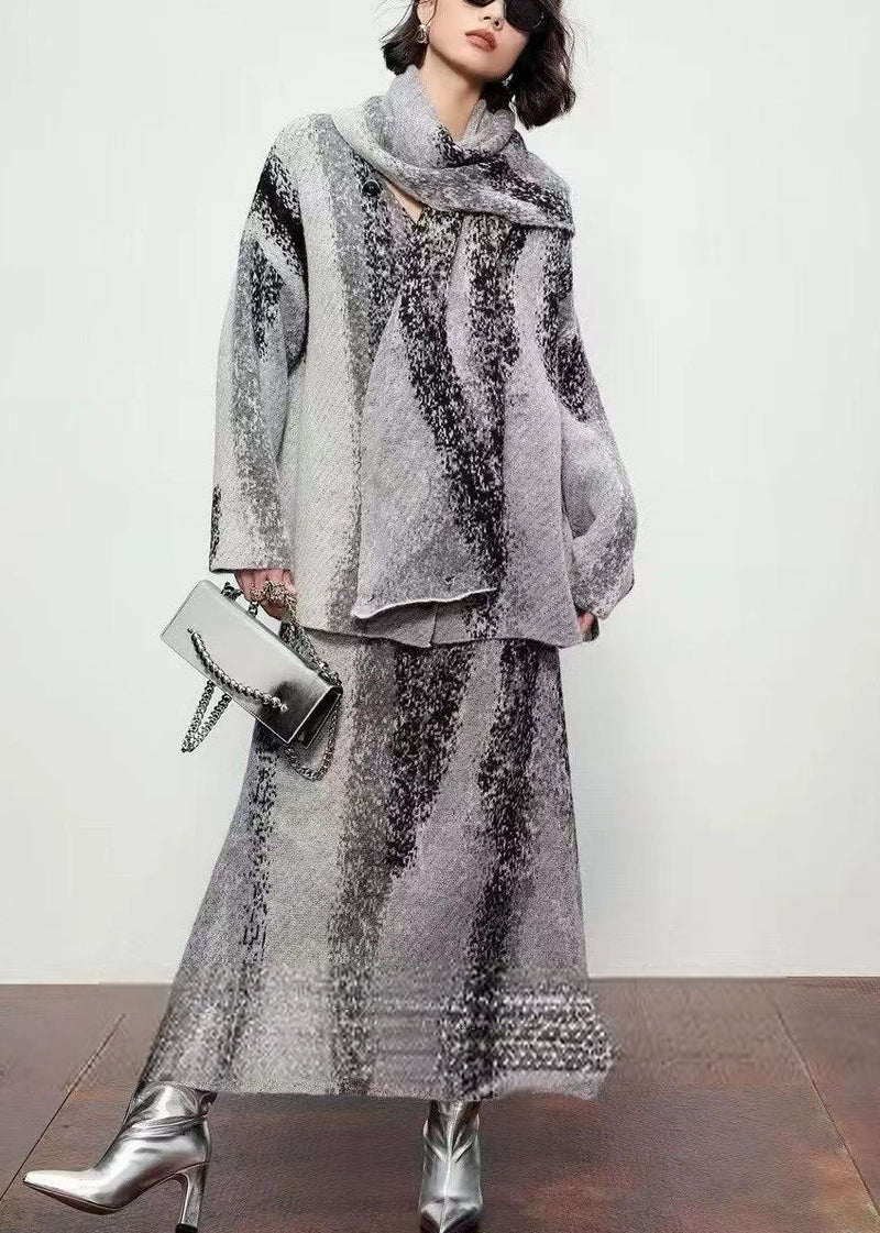 Natural Grey Print Wool Cardigan ,scarf and Maxi Skirts Three Piece Set Spring