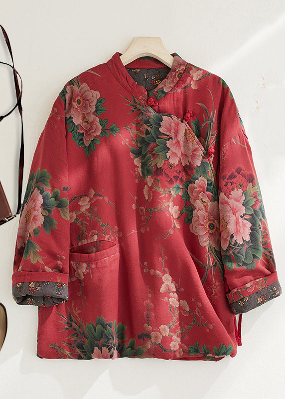 Red Pockets Print Lace Up Fine Cotton Filled Coat Spring