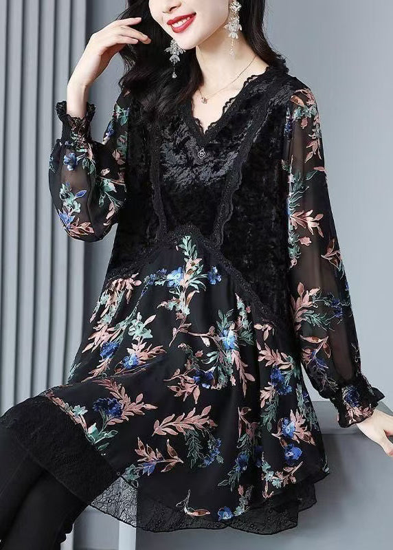 Black Velvet Print Patchwork Chiffon Dresses Spring